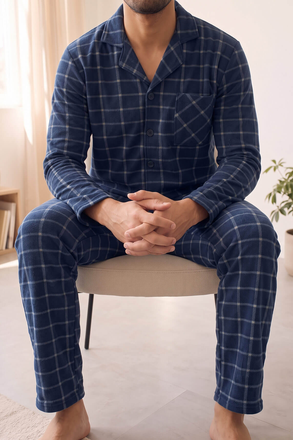 Lacivert Ekose Desenli Önden Düğmeli Elegant Erkek Pijama Takımı - Pijamaevi (3)