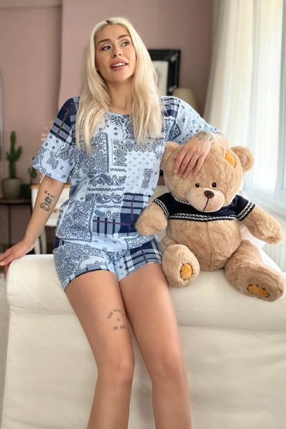 Lacivert Ekose Etnik Baskılı Şortlu Kadın Pijama Takımı - 1