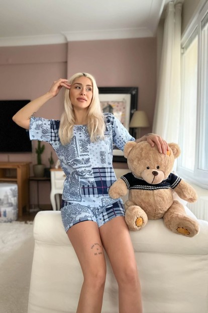 Lacivert Ekose Etnik Baskılı Şortlu Kadın Pijama Takımı - 2