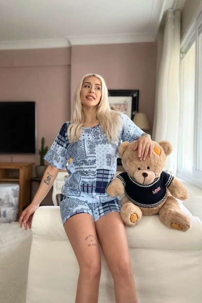 Lacivert Ekose Etnik Baskılı Şortlu Kadın Pijama Takımı - 3