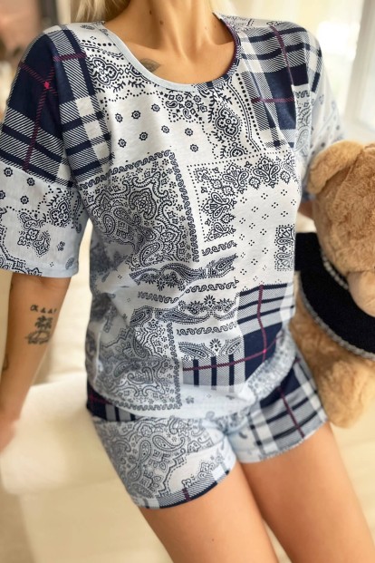 Lacivert Ekose Etnik Baskılı Şortlu Kadın Pijama Takımı - 4