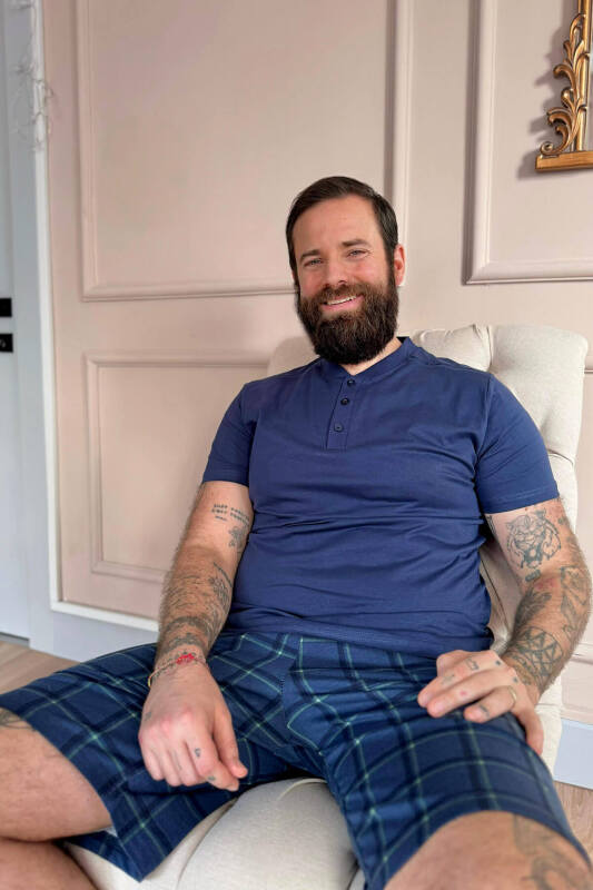 Lacivert Ekose Line Edge Detaylı Şortlu Kısa Kollu Erkek Pijama Takımı - Pijamaevi (3)