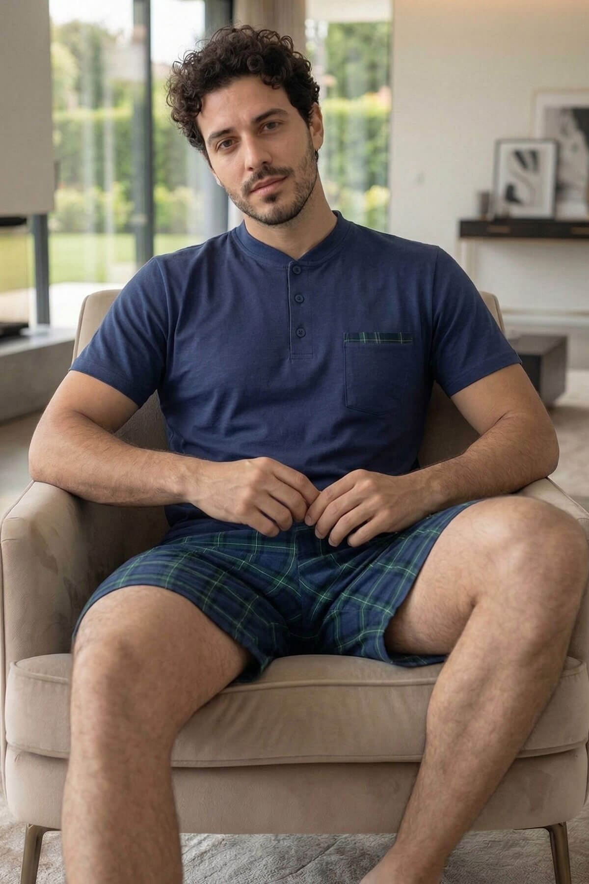 Lacivert Ekose Line Edge Detaylı Şortlu Kısa Kollu Erkek Pijama Takımı - Pijamaevi