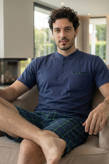 Lacivert Ekose Line Edge Detaylı Şortlu Kısa Kollu Erkek Pijama Takımı - 2