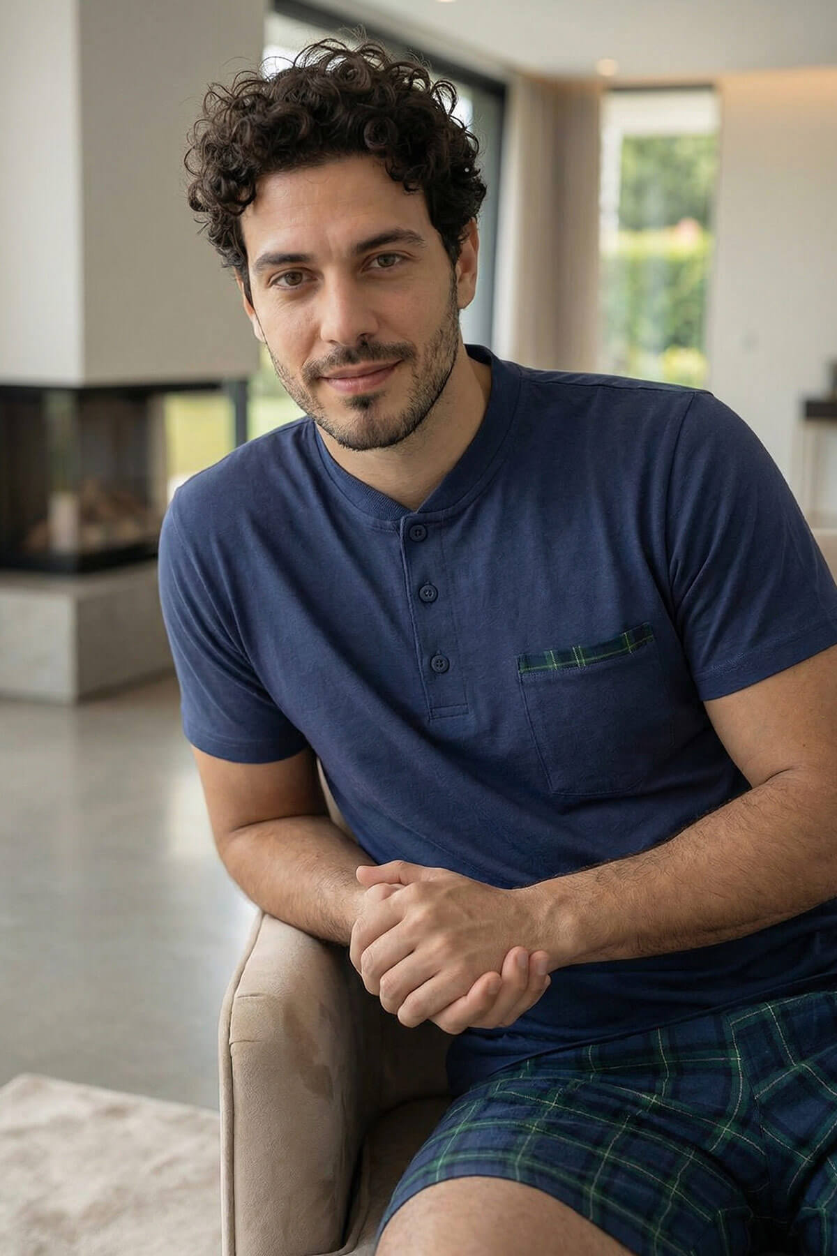 Lacivert Ekose Line Edge Detaylı Şortlu Kısa Kollu Erkek Pijama Takımı - Pijamaevi (2)