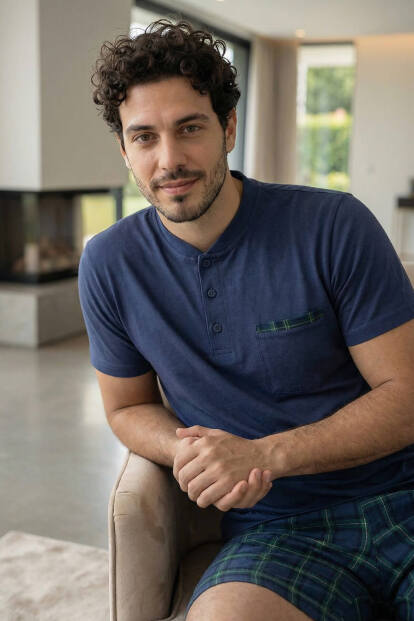 Lacivert Ekose Line Edge Detaylı Şortlu Kısa Kollu Erkek Pijama Takımı - 3