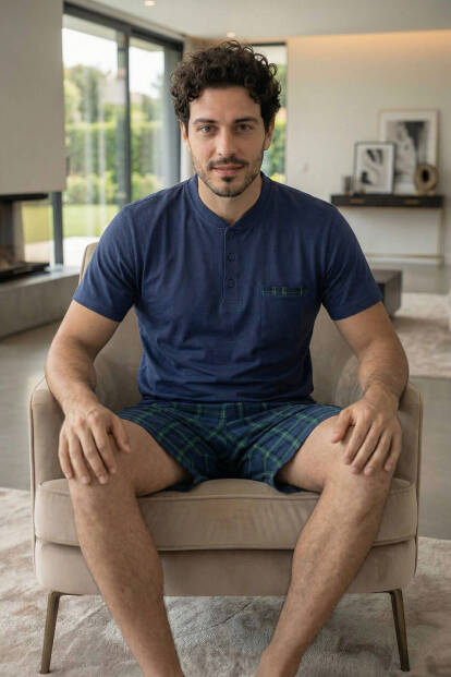 Lacivert Ekose Line Edge Detaylı Şortlu Kısa Kollu Erkek Pijama Takımı - 4