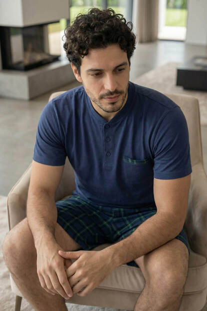 Lacivert Ekose Line Edge Detaylı Şortlu Kısa Kollu Erkek Pijama Takımı - 5
