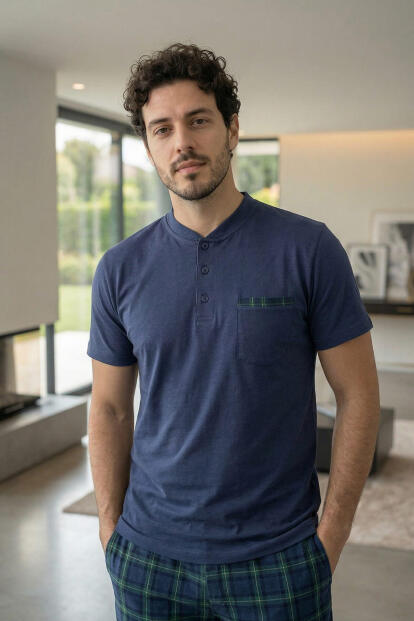 Lacivert Ekose Line Edge Detaylı Şortlu Kısa Kollu Erkek Pijama Takımı - 6