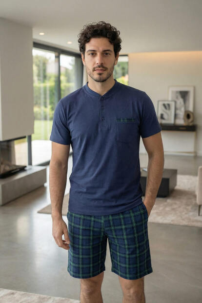 Lacivert Ekose Line Edge Detaylı Şortlu Kısa Kollu Erkek Pijama Takımı - 7