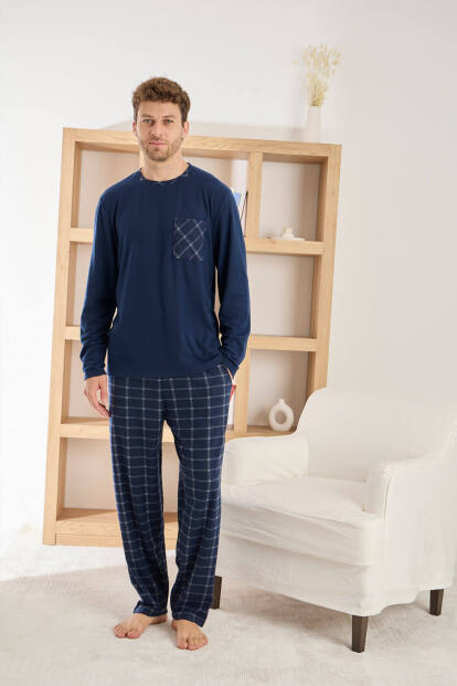 Lacivert Ekru Ekose Desenli Elegant Erkek Pijama Takımı - 2