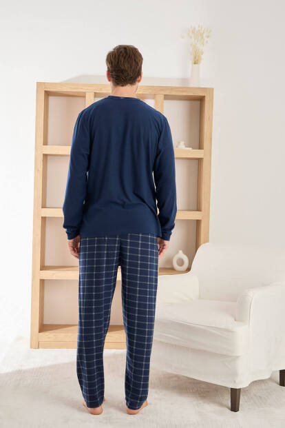 Lacivert Ekru Ekose Desenli Elegant Erkek Pijama Takımı - 3
