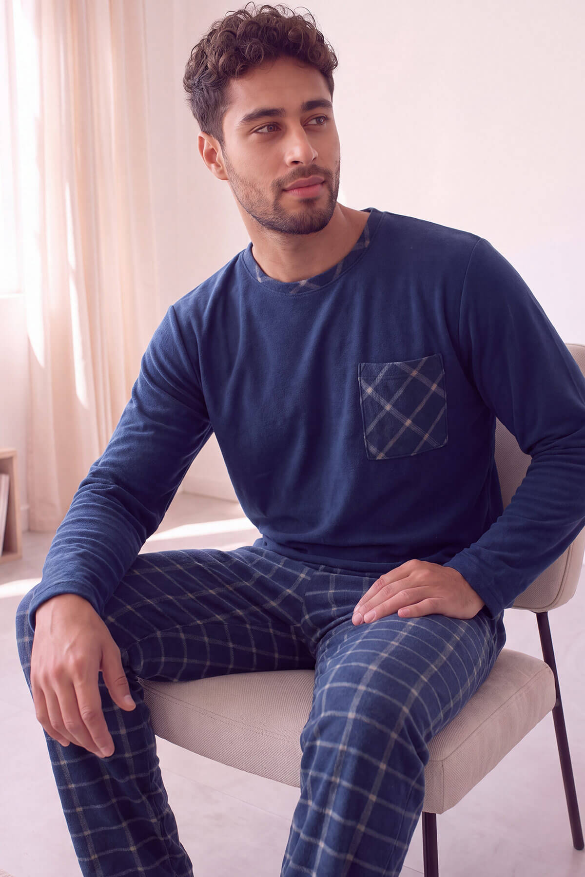 Lacivert Ekru Ekose Desenli Elegant Erkek Pijama Takımı - Pijamaevi
