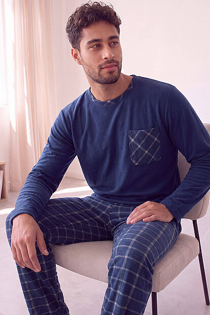 Lacivert Ekru Ekose Desenli Elegant Erkek Pijama Takımı 