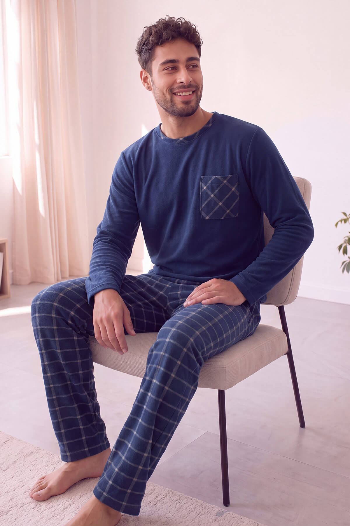 Lacivert Ekru Ekose Desenli Elegant Erkek Pijama Takımı - Pijamaevi (1)