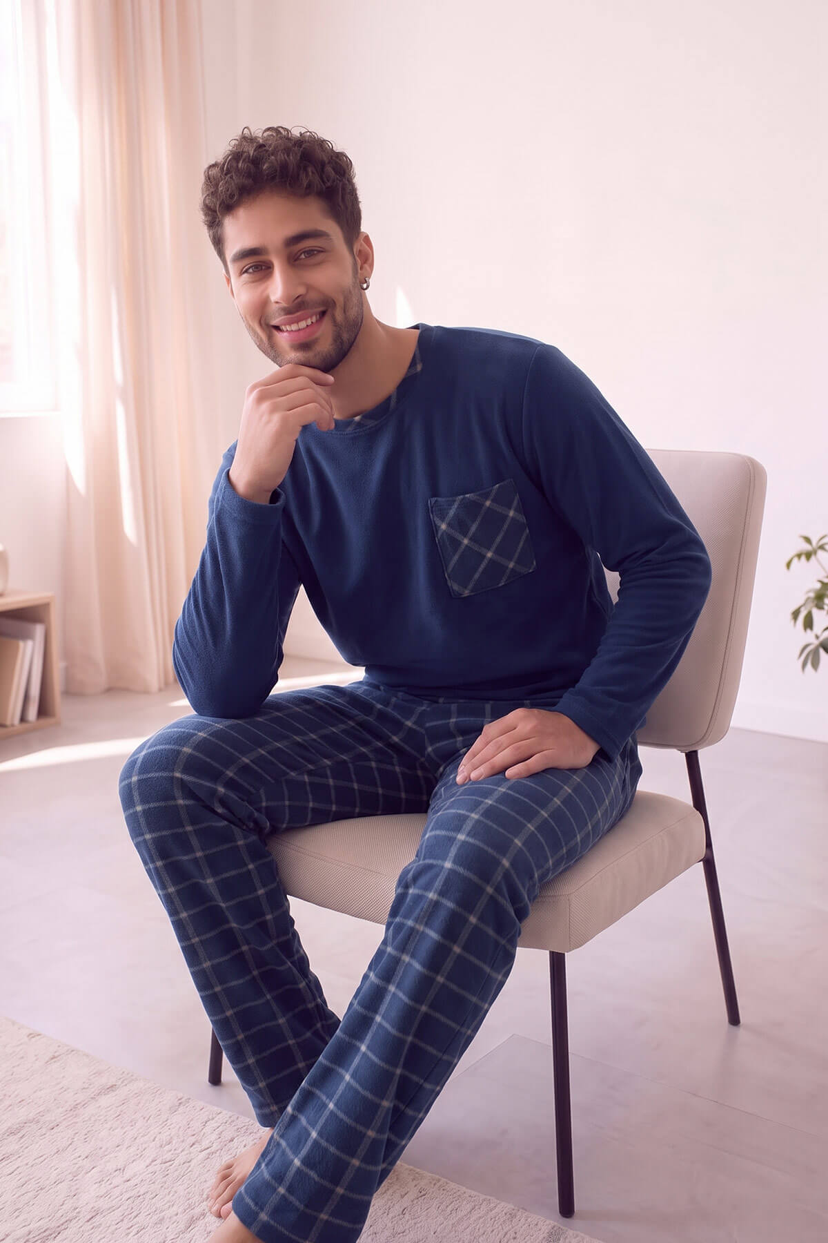 Lacivert Ekru Ekose Desenli Elegant Erkek Pijama Takımı - Pijamaevi (2)