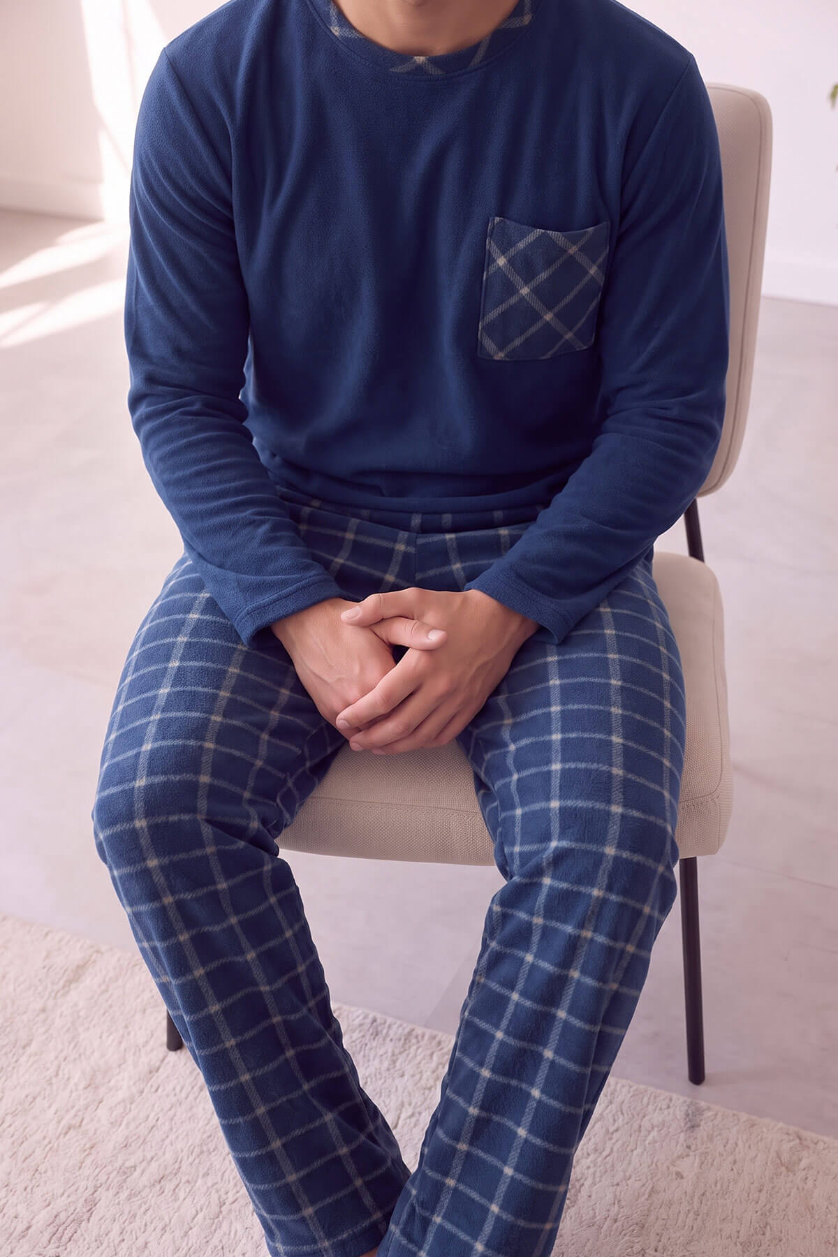 Lacivert Ekru Ekose Desenli Elegant Erkek Pijama Takımı - Pijamaevi (3)