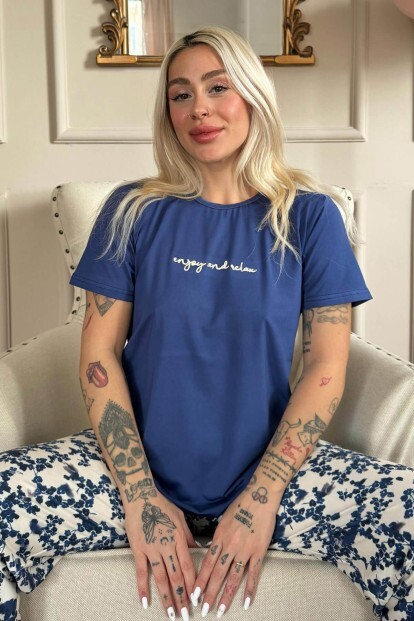 Lacivert Enjoy Desenli Kısa Kollu Örme Kadın Pijama Takımı - 7