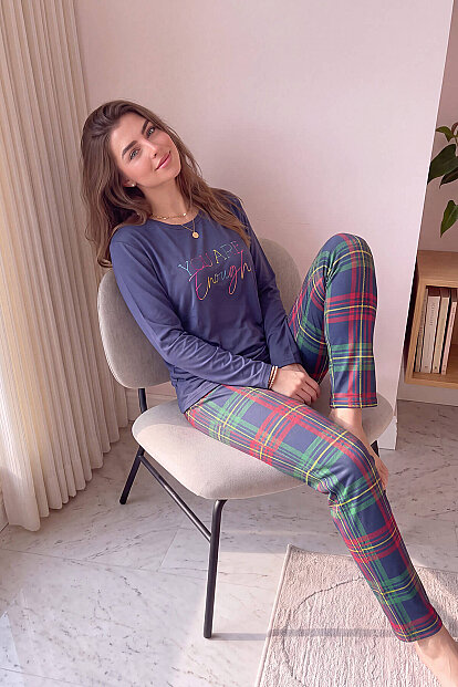 Lacivert Enough Desenli Bambu Uzun Kol Kadın Pijama Takımı - 3