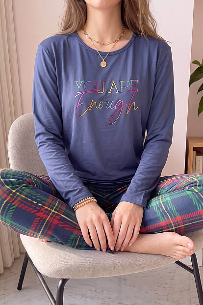 Lacivert Enough Desenli Bambu Uzun Kol Kadın Pijama Takımı - 5