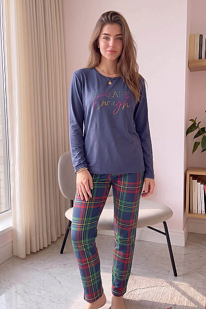 Lacivert Enough Desenli Bambu Uzun Kol Kadın Pijama Takımı - 6