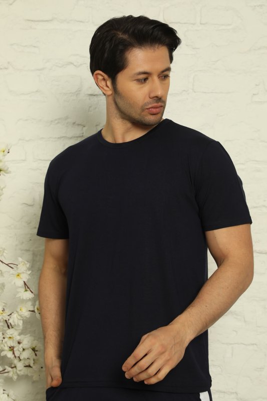 Lacivert Erkek Basic Slim Bisiklet Yaka Kısa Kollu Pijama Üstü - Pijamaevi