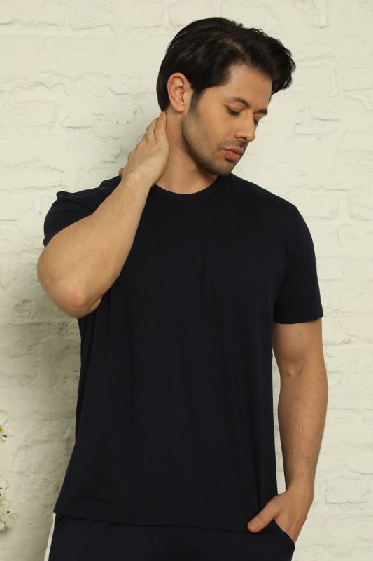 Lacivert Erkek Basic Slim Bisiklet Yaka Kısa Kollu Pijama Üstü - Pijamaevi (1)