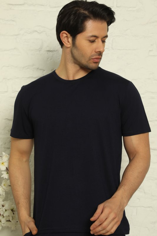 Lacivert Erkek Basic Slim Bisiklet Yaka Kısa Kollu Pijama Üstü - Pijamaevi (2)