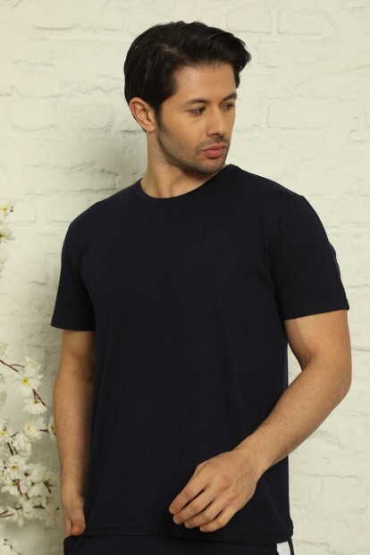 Lacivert Erkek Basic Slim Bisiklet Yaka Kısa Kollu Pijama Üstü - 5