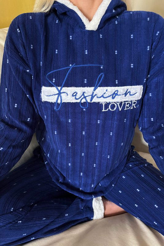 Lacivert Fashion Desenli Kapşonlu Peluş Polar Pijama Takımı - Pijamaevi (3)