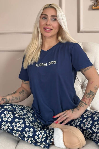 Lacivert Floral Days Desenli Kısa Kollu Örme Kadın Pijama Takımı - 7