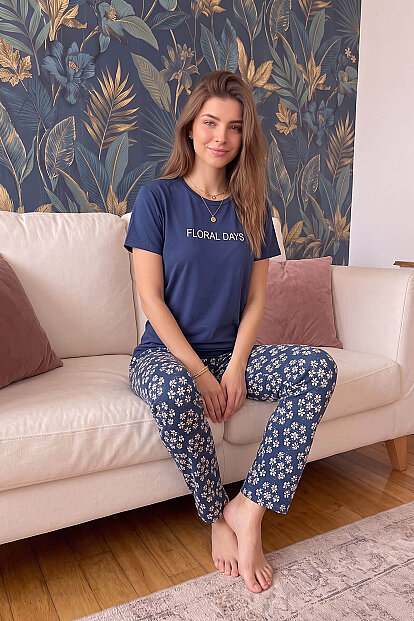 Lacivert Floral Days Desenli Kısa Kollu Örme Kadın Pijama Takımı - 4