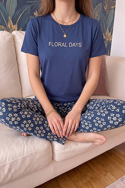 Lacivert Floral Days Desenli Kısa Kollu Örme Kadın Pijama Takımı - 5