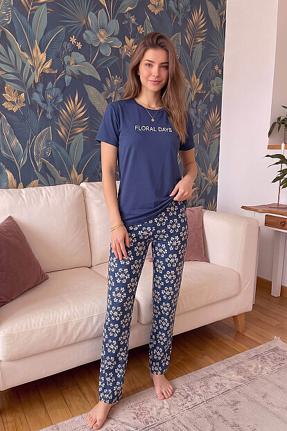 Lacivert Floral Days Desenli Kısa Kollu Örme Kadın Pijama Takımı - 6