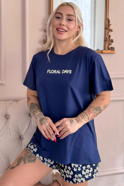 Lacivert Floral Days Desenli Kısa Kollu Şortlu Örme Kadın Pijama Takımı - 6