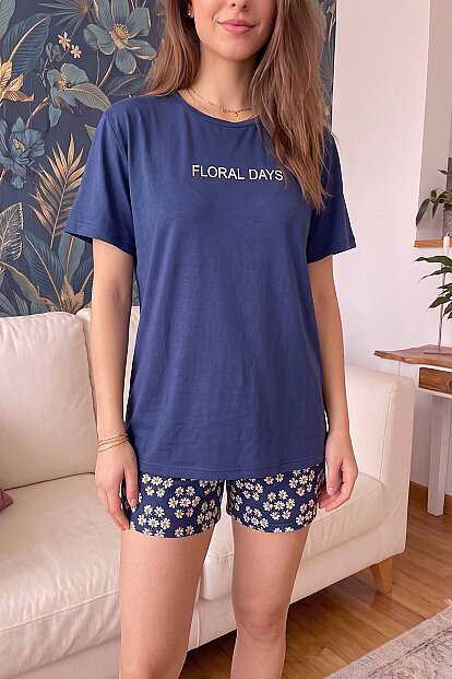 Lacivert Floral Days Desenli Kısa Kollu Şortlu Örme Kadın Pijama Takımı - 7
