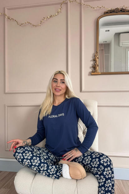 Lacivert Floral Days Desenli Uzun Kollu Bambu Örme Kadın Pijama Takımı - 5