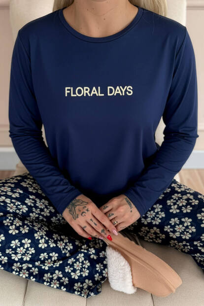 Lacivert Floral Days Desenli Uzun Kollu Bambu Örme Kadın Pijama Takımı - 6
