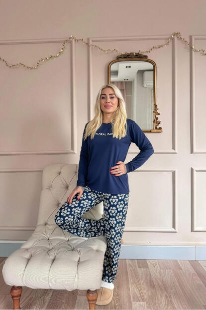 Lacivert Floral Days Desenli Uzun Kollu Bambu Örme Kadın Pijama Takımı - 7