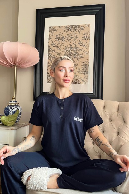 Lacivert Follow Baskılı Kısa Kollu Örme Pijama Takımı - 2