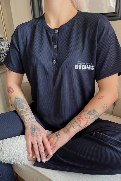 Lacivert Follow Baskılı Kısa Kollu Örme Pijama Takımı - 4