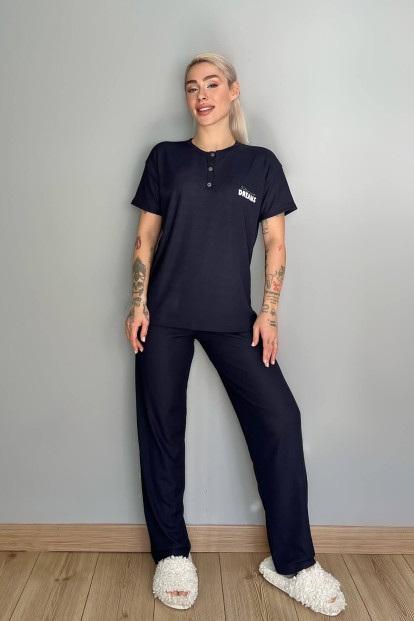 Lacivert Follow Baskılı Kısa Kollu Örme Pijama Takımı - 5