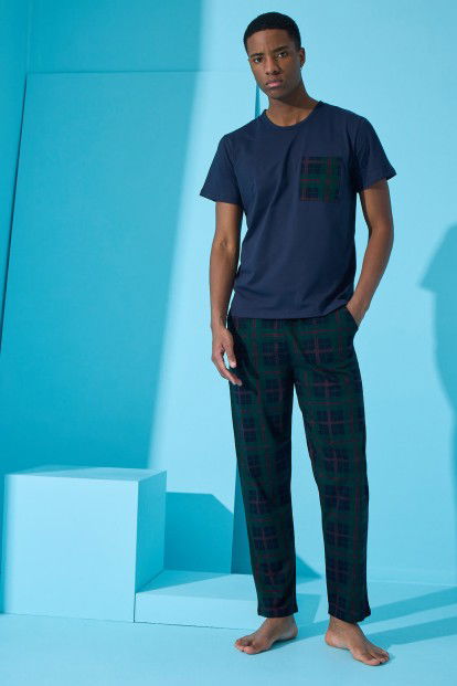 Lacivert Four Squares Ekose Desenli Kısa Kollu Erkek Pijama Takımı - 3