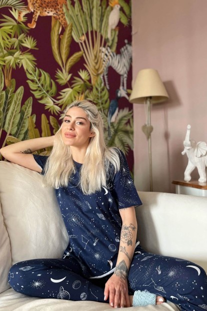 Lacivert Galaksi Baskılı Kısa Kollu Kadın Pijama Takımı - 3