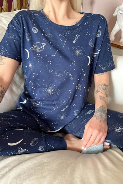 Lacivert Galaksi Baskılı Kısa Kollu Kadın Pijama Takımı - 4