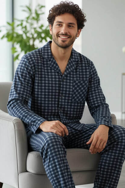 Lacivert Gri Ekose Desenli Önden Düğmeli Elegant Erkek Pijama Takımı 