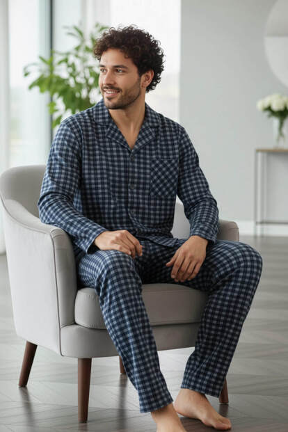 Lacivert Gri Ekose Desenli Önden Düğmeli Elegant Erkek Pijama Takımı - 2