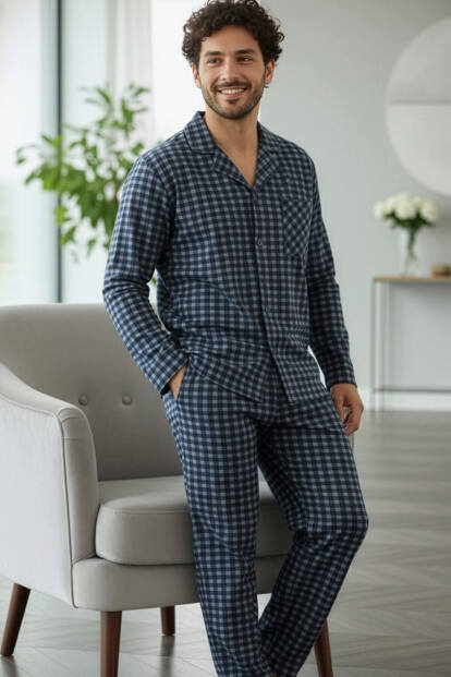 Lacivert Gri Ekose Desenli Önden Düğmeli Elegant Erkek Pijama Takımı - 4