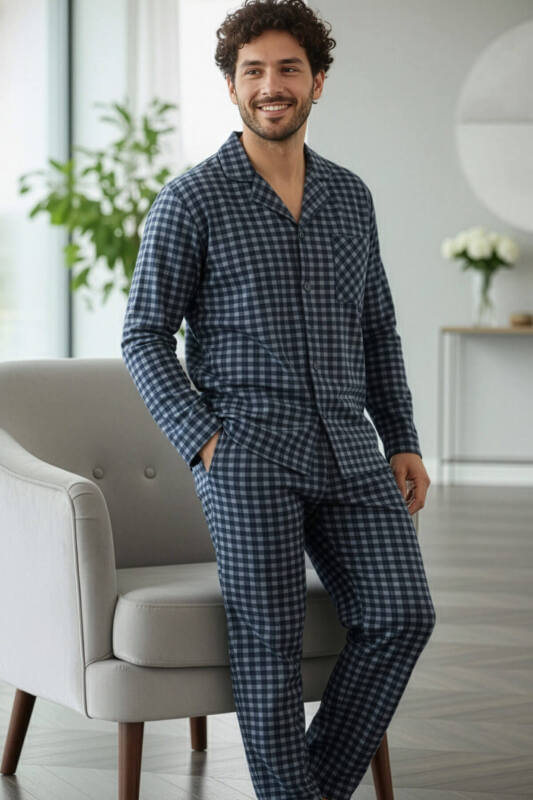 Lacivert Gri Ekose Desenli Önden Düğmeli Elegant Erkek Pijama Takımı - Pijamaevi (3)