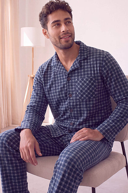 Lacivert Gri Ekose Desenli Önden Düğmeli Elegant Erkek Pijama Takımı 